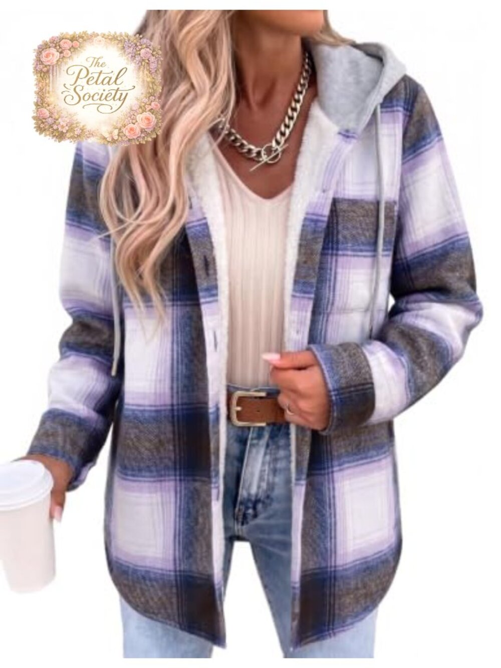 Women Plaid Hooded Fleece Shacket Button Down Winter Coat Warm Jacket